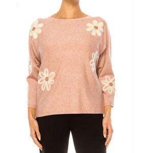 Aaeda Women’s 3XL Pink Pullover Sweater Long Sleeve Flower Motif Knit Soft Cozy